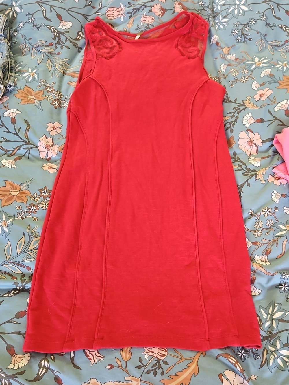 Free People Hot Pink Sleeveless Knit Dress with Floral Appliqué